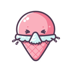 Cute cartoon ice cream cone with pink scoop and dripping cream, set against a plain background