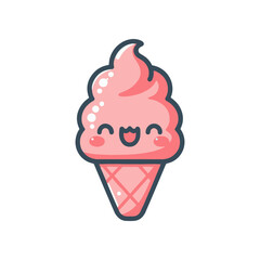 Cute cartoon ice cream cone with pink swirl, smiling face, on a white background, perfect for children's designs