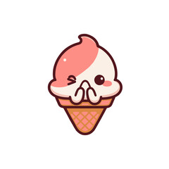 Cute cartoon ice cream cone with pink swirl, smiling face, set against a simple white background