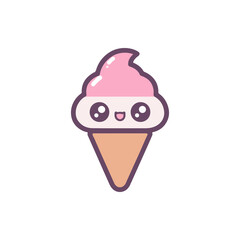 Cute cartoon ice cream cone with smiling face and pink swirl on top, perfect for children's designs