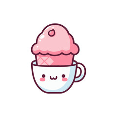 Cute cartoon ice cream in a cup with a smiling face, set against a bright, simple background