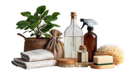 Natural cleaning supplies and a houseplant