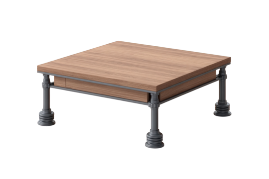 Industrial style wooden coffee table isolated on transparent background