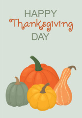 Happy Thanksgiving day vertical card with colorful pumpkins. Banner with harvest of autumn vegetables 