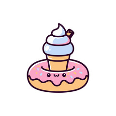 Cute cartoon illustration of a smiling donut with an ice cream cone on top, whimsical design