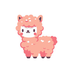 Cute cartoon llama character with fluffy pink fur standing against a plain background