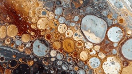 Fototapeta premium Swirling patterns of brown, gold, and blue create an abstract composition, showcasing circular shapes and vibrant texture that captivate the viewer.