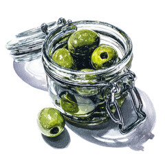 Glass jar of olives, detailed illustration