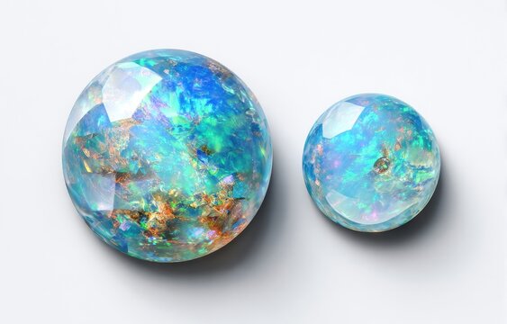 Two opal gemstones, one larger than the other, displayed against a plain white background.  They exhibit vibrant blues, greens, and  golds