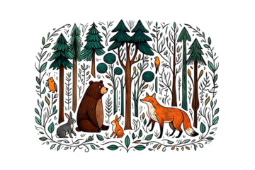 Cartoon cute animals meeting winter in forest on transparent background
