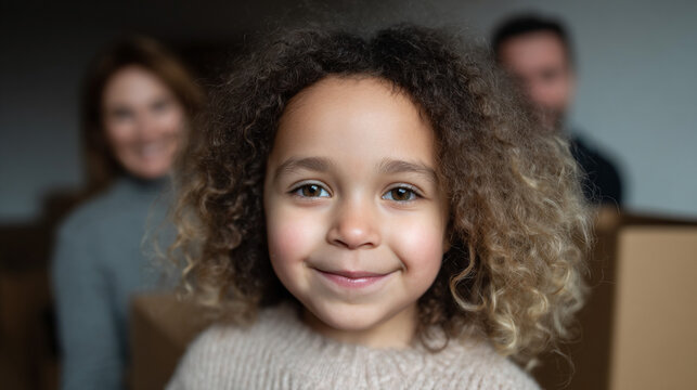 Smiling mixed race girl moving house with parents. - Powered by Adobe