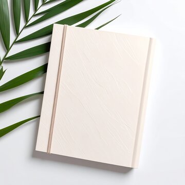 A cream-colored, rectangular notebook rests on a white surface, beside a palm leaf.  Its smooth cover has a subtle diagonal texturing