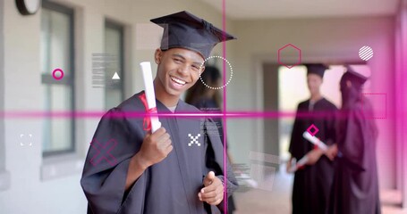 Tossing grad caps, students embracing diplomas then doing science lab test with teacher - Powered by Adobe