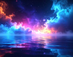 Night sky, vibrant clouds, mirrored water