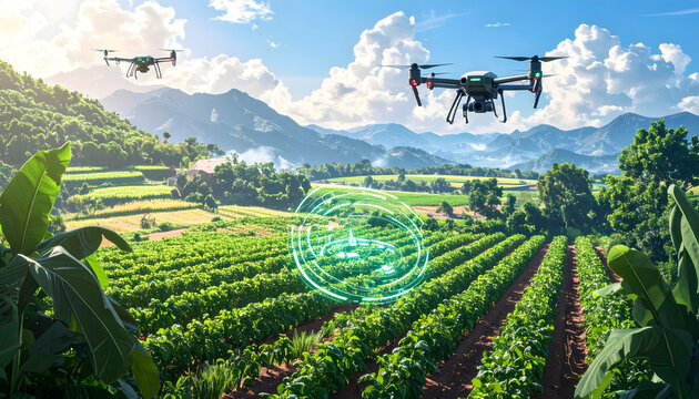 Drones flying over a vibrant green agricultural field, performing smart farming tasks with digital scanning technology amidst a scenic mountain landscape. - Powered by Adobe