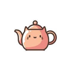 Cute cartoon teapot with cat ears and face, set against a plain white background, perfect for whimsical designs