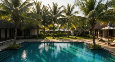 Tropical resort pool area with palm trees and thatched-roof bungalows