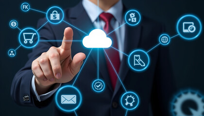 Businessman interacts with digital network icons including email and glowing cloud symbol representing online technology