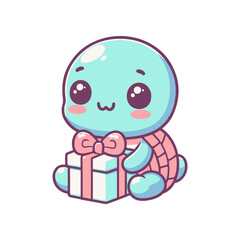Cute cartoon turtle character holding a gift box with a bow, perfect for celebrations and events