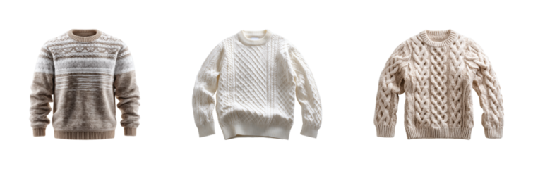 Cozy knit sweaters displayed fashion product PNG set, cut out, isolated on transparent background