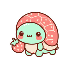 Cute cartoon turtle character holding a strawberry, set against a simple white background (1)