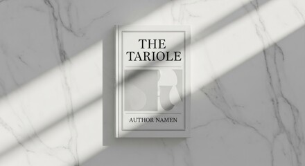 A clean and modern book cover mockup presented in a flat lay style on a white marble surface, with artistic diagonal window shadows