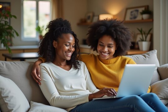 African-American Family Connecting at Home with a Laptop on the Sofa
