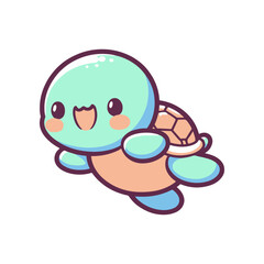 Cute cartoon turtle character swimming joyfully in a bright, playful underwater scene