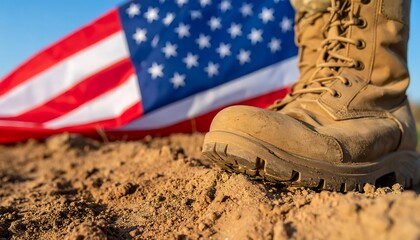 Military boot on dirt with flag