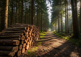 Dramatic Sunlight Forest Path with Logs Harvested Timber in Nature Scene