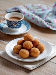 Delightful sugar-dusted donut holes served with a warm cup of coffee on a rustic table