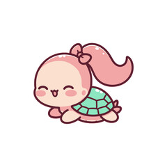 Cute cartoon turtle character with a pink ponytail and a green shell, smiling joyfully