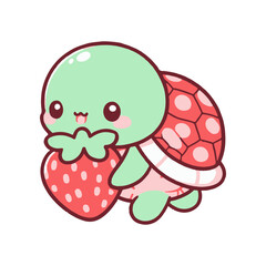Cute cartoon turtle holding a strawberry, set against a simple white background, ideal for children's content