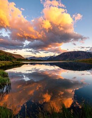 Fototapeta premium Sunset over a calm lake, reflecting vibrant clouds