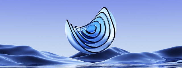 3d render of surreal panoramic background. Abstract minimal wallpaper of fantastic landscape with glass shapes, hills and reflection in the water.