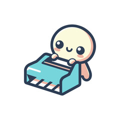 Cute character happily playing with a colorful toy piano, surrounded by a cheerful atmosphere