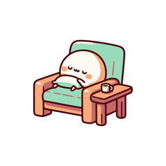Cute character relaxing in a cozy chair with a cup beside, peaceful indoor setting