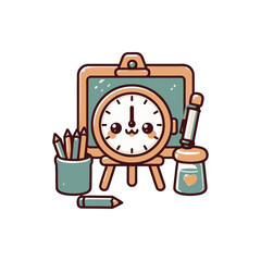 Cute illustration of a classroom setup featuring a smiling clock, colored pencils, and an easel