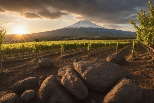 Vulkanische Hügellandschaft mit runden Lavasteinen und Blick auf Stadt im Abendlicht – mediterrane Vulkanregion