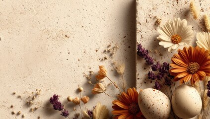 Pastel Easter arrangement on a textured beige surface.  Delicate dried flowers,  daisies,  and eggs adorn the corner of a light beige,  rough-textured backdrop.  Soft, warm lighting