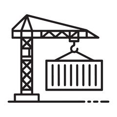 Container line icon. Vector crane holding container minimal symbol or logo element in thin line style. with white background