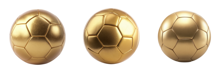 Three golden soccer balls isolated on transparent background