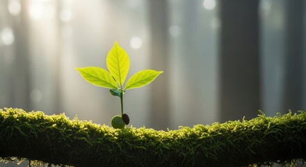 Tiny green sapling sprouts on moss covered branch bathed in soft forest sunlight