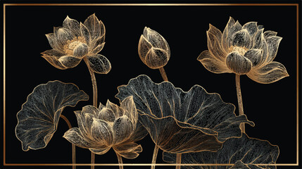 Elegant golden lotus flowers and leaves in artistic sketch style on a black background