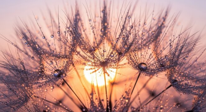 Close up macro view of a dandelion seed head with water droplets reflecting the warm sunset glow