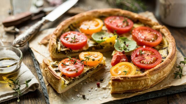 Savory tart with colorful heirloom tomatoes and fresh herbs on puff pastry crust cut into slices on parchment paper with olive oil and serving utensils on rustic wooden background