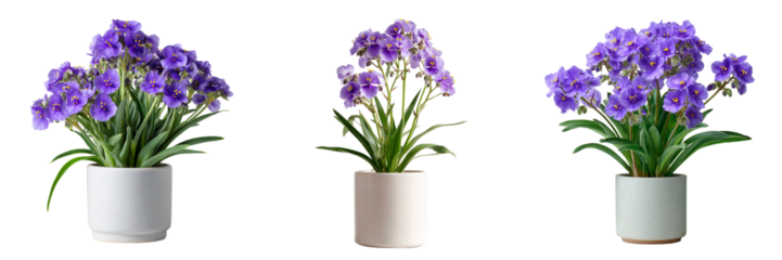 Three potted african violet plants isolated on transparent background