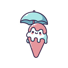 Playful ice cream cone with a smiling face under a blue umbrella, set against a white background