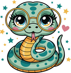 Cute cartoon snake with glasses, kawaii style animal illustration, adorable vector reptile, funny snake art for kids and stickers