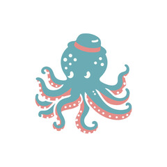 Playful octopus wearing a hat, swimming gracefully in a vibrant underwater scene